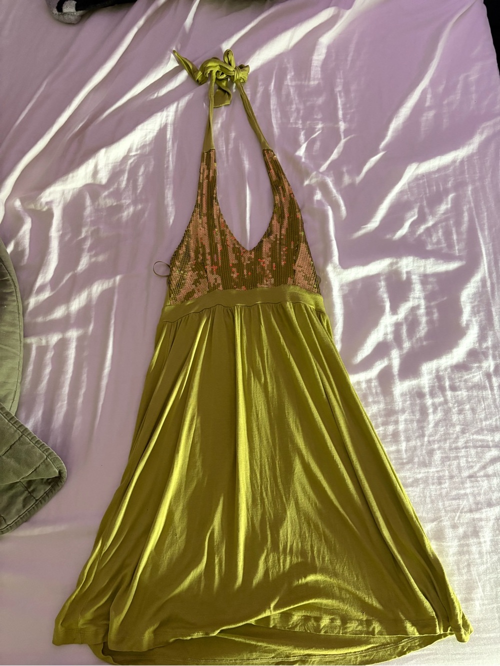 H&M Olive Green Halter Backless Sequin Bodice Dress